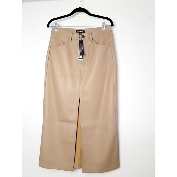 NEW Steve Madden Avani Faux Leather Skirt in Camel Size 4 - Picture 1 of 15